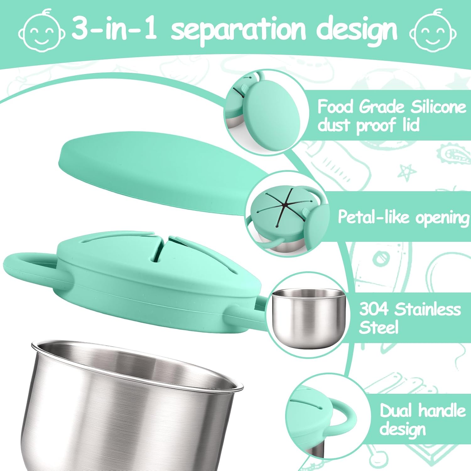 Mity rain Stainless Steel Snack Containers for Toddlers with Spill-Proof Silicone Lids Handles - 3-in-1 Baby Snack Cups, No-Spill Toddler Snack Box (Green, One piece set)