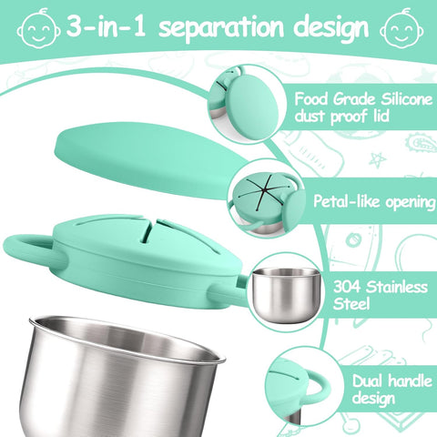 Mity rain Stainless Steel Snack Containers for Toddlers with Spill-Proof Silicone Lids Handles - 3-in-1 Baby Snack Cups, No-Spill Toddler Snack Box (Green, One piece set)