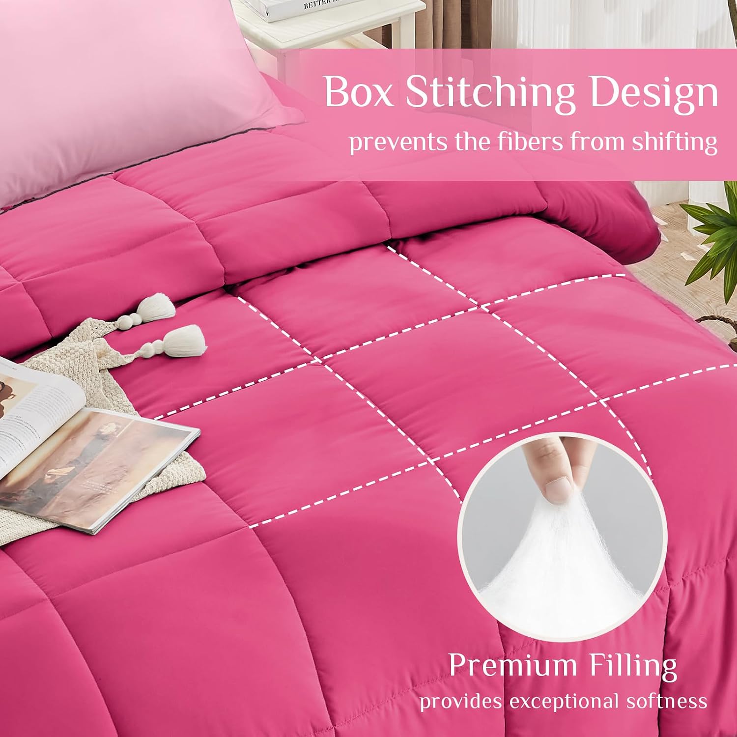 JOLLYVOGUE Queen Comforter Set, Ultra-Soft Bed in a Bag Queen Size 7 Pieces, Oeko-TEX Certified Bedding Set with Down Alternative Comforter, Sheets, Pillowcases & Shams, Hot Pink & Baby Pink