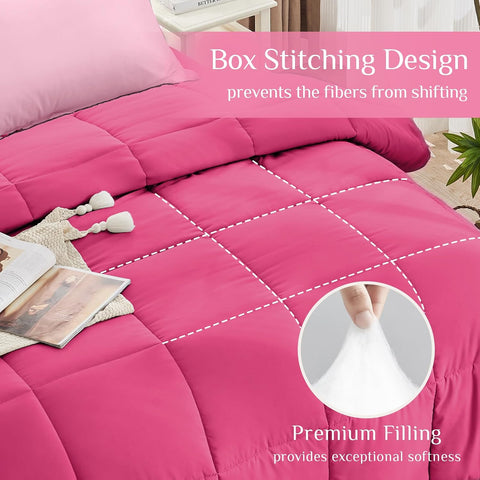 JOLLYVOGUE Queen Comforter Set, Ultra-Soft Bed in a Bag Queen Size 7 Pieces, Oeko-TEX Certified Bedding Set with Down Alternative Comforter, Sheets, Pillowcases & Shams, Hot Pink & Baby Pink