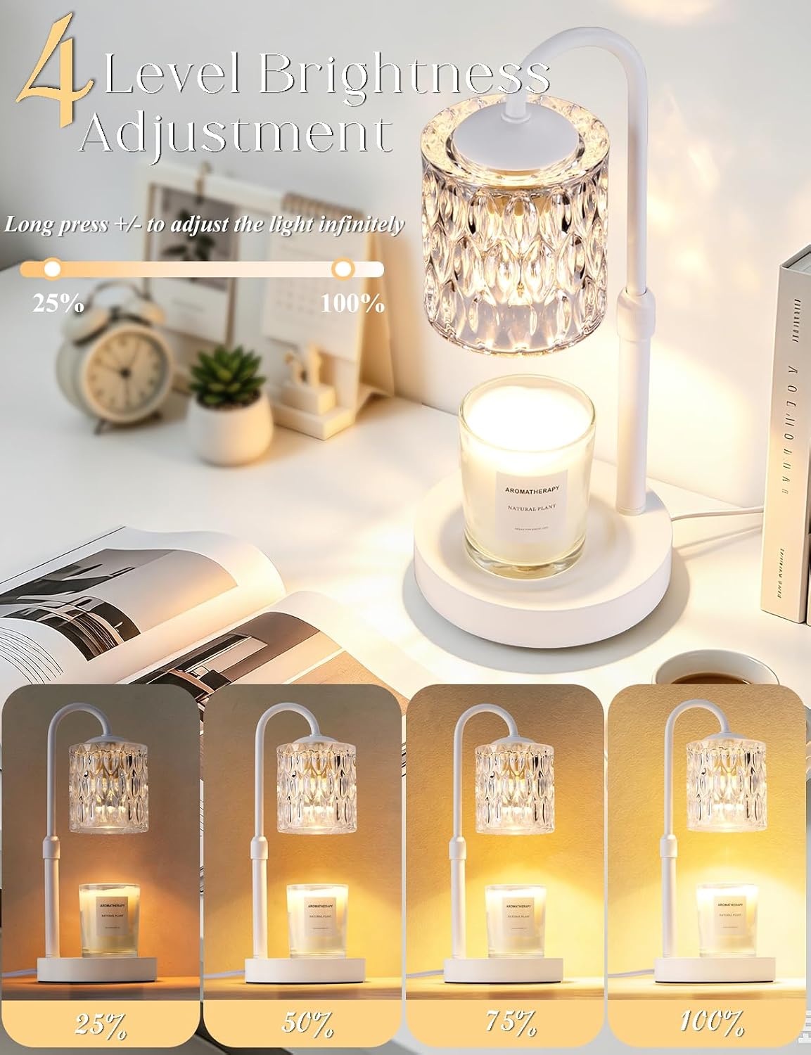Briever Dimmable Candle Warmer Lamp with Timer, Height Adjustable Electric Candle Wax Warmer, Birthday Gifts for Women Mom, House Warming Gifts New Home Decor, Solid Wood Base, White Clear