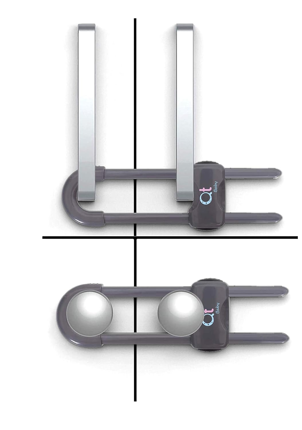 QT BABY - Pack of 12 - Baby Proofing Cabinet Locks Adjustable U Shaped Baby Safety Latches for Drawers, Fridge, Closet Modern Baby Proofing Cabinet Lock with Extra Secure Lock Buttons (Thunder Grey)