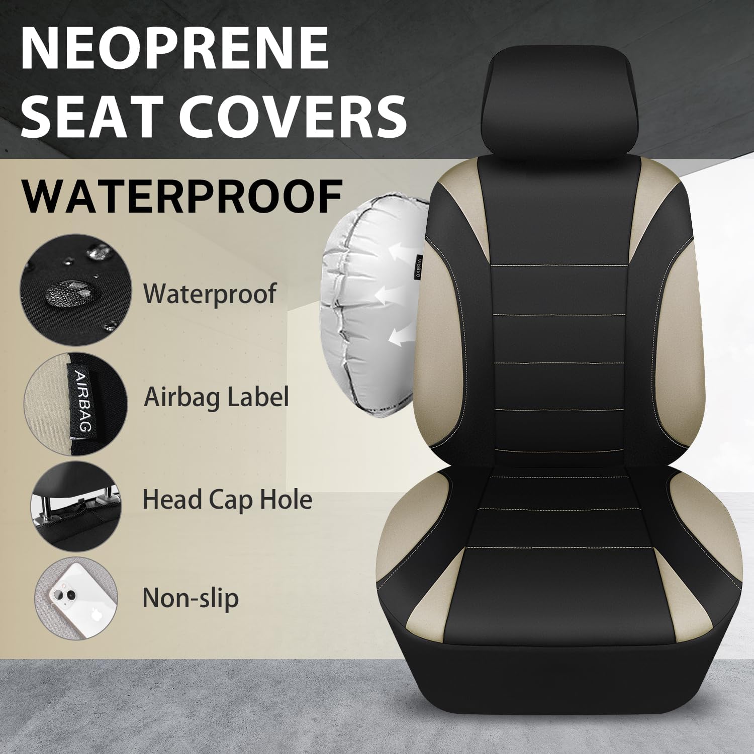 CAR PASS Neoprene EVA Waterproof car seat Covers Front Seats Only, Universal fit for SUV Vehicles Automotive with 5mm Composite EVA Inside,Airbag Compatible (Two Seats 6PCS, Black and Beige)