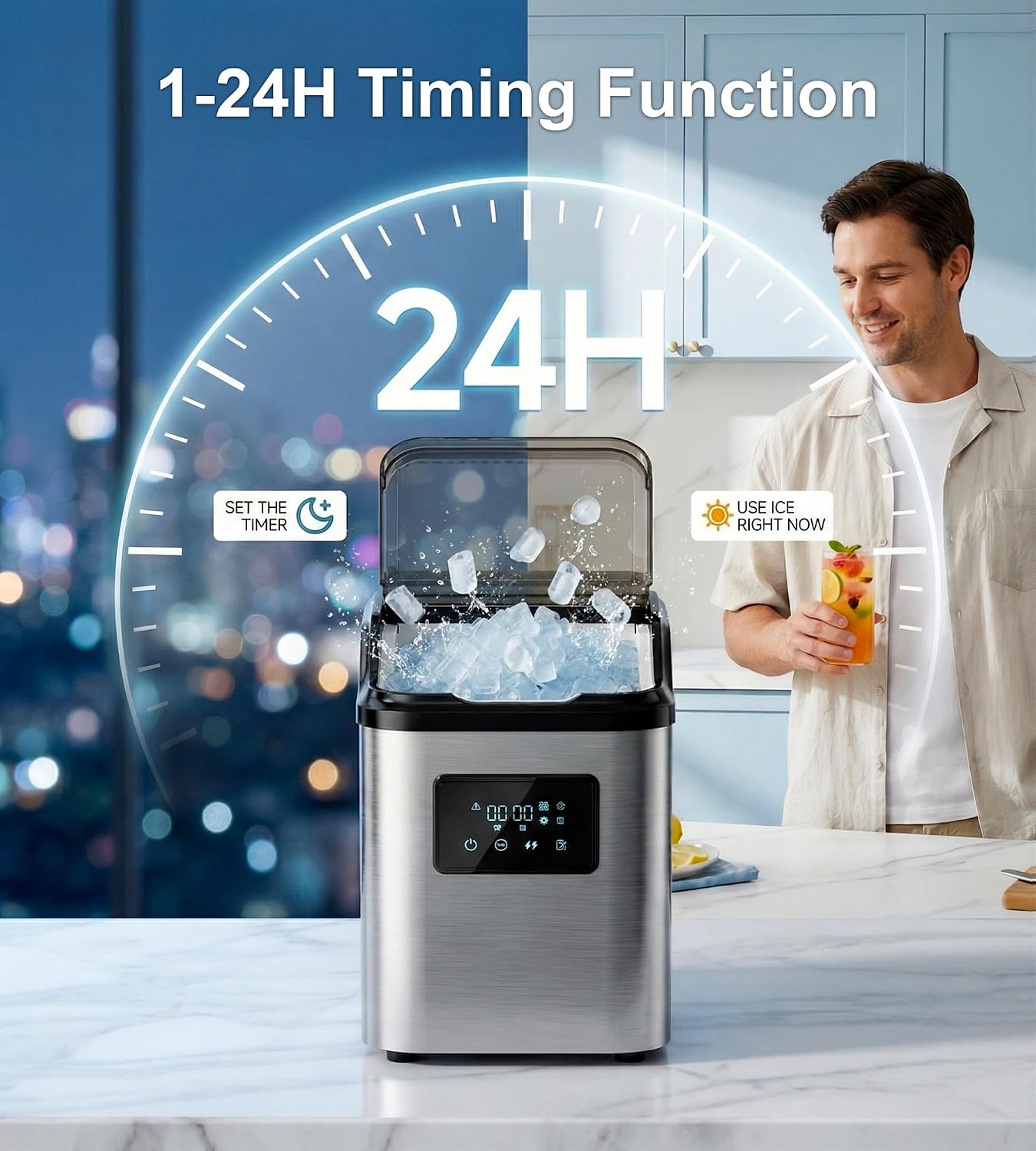 Mountman Nugget Ice Maker Countertop,Max 45lbs/24H,Chewable Ice,Self-Cleaning Pebble Ice Maker,Soft Pellet Ice Maker Stainless,Sonic Ice Maker for Home, Kitchen,Office