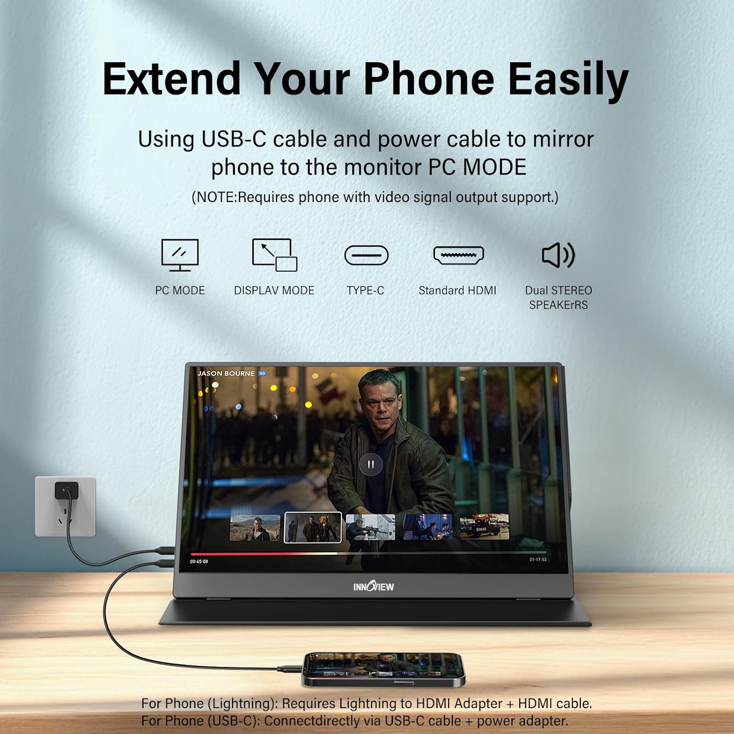 InnoView Portable Monitor, 15.6 Inch FHD 1080P HDMI USB C Second External Monitor for Laptop, Desktop, MacBook, Phones, Tablet, PS5/4, Xbox, Switch, Built-in Speaker with Protective Case