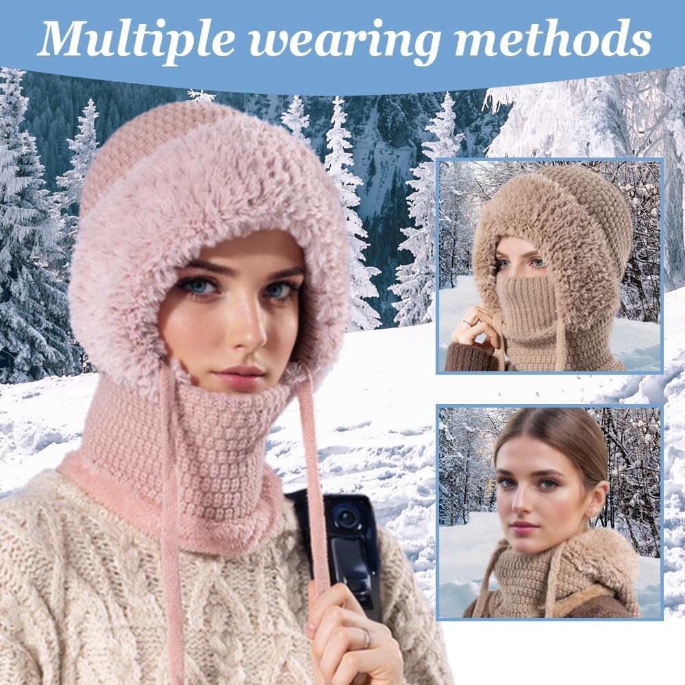 3 in 1 Beanie Hat with Scarf and Mask,Womens Knit Beanie Hat Fleece Lined Winter Scarf Mask Set Snow Caps