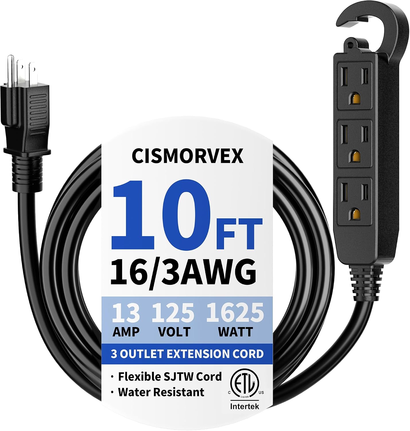 10Ft 3 Prong Multiple Outlets Outdoor Extension Cord, Black