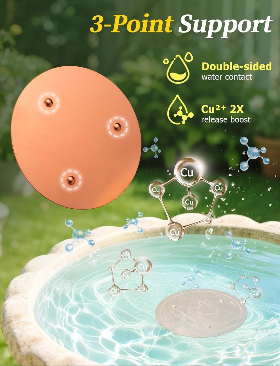 Mellbree Bird Bath Copper Disc, 0.6mm Reinforced 99.99% Pure Copper Cleaning Disk for Physical Safe Clean Water All-Season, Universal Fit for Outdoor Birdbaths, Bowl, Bird Bath Solar