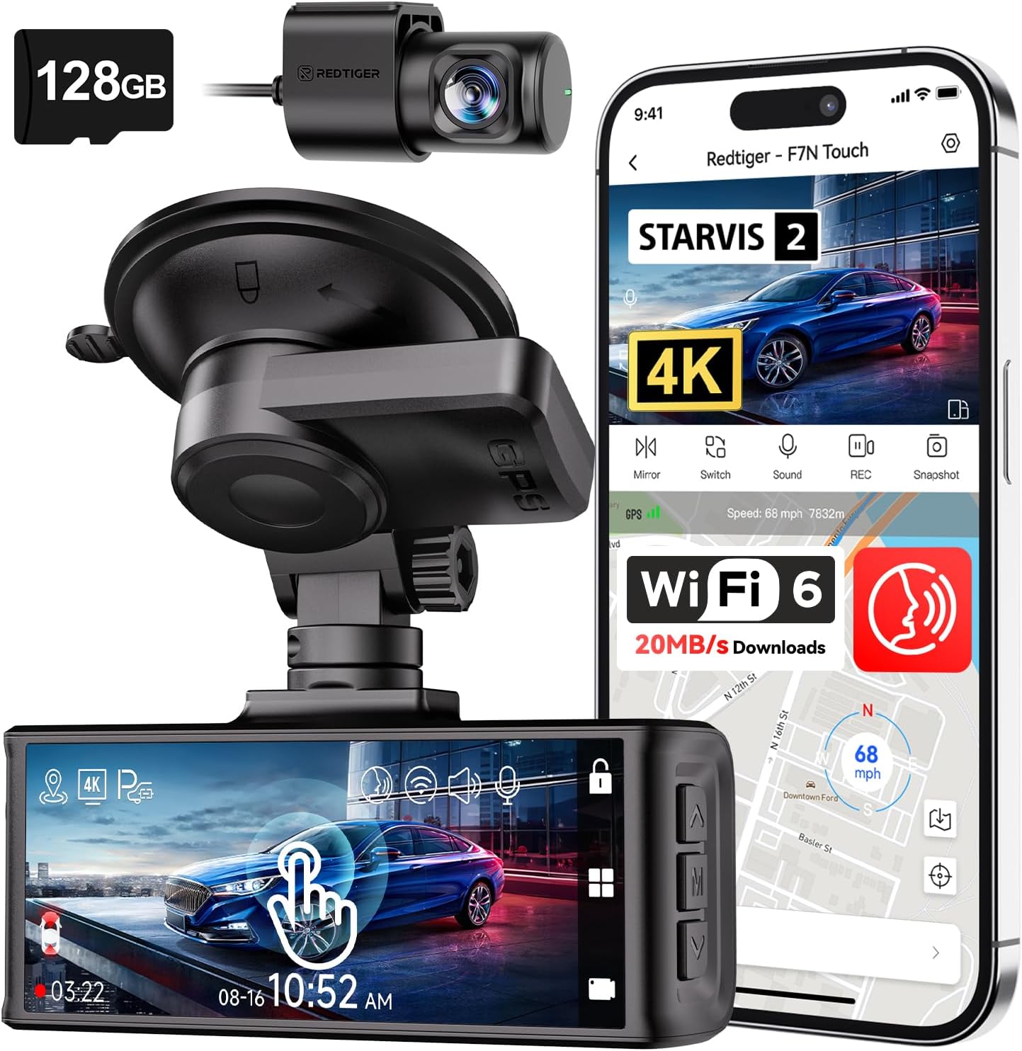 REDTIGER 4K STARVIS 2 Dashcam Front Rear, 5GHz WiFi 20MB/s, Free 128GB Card