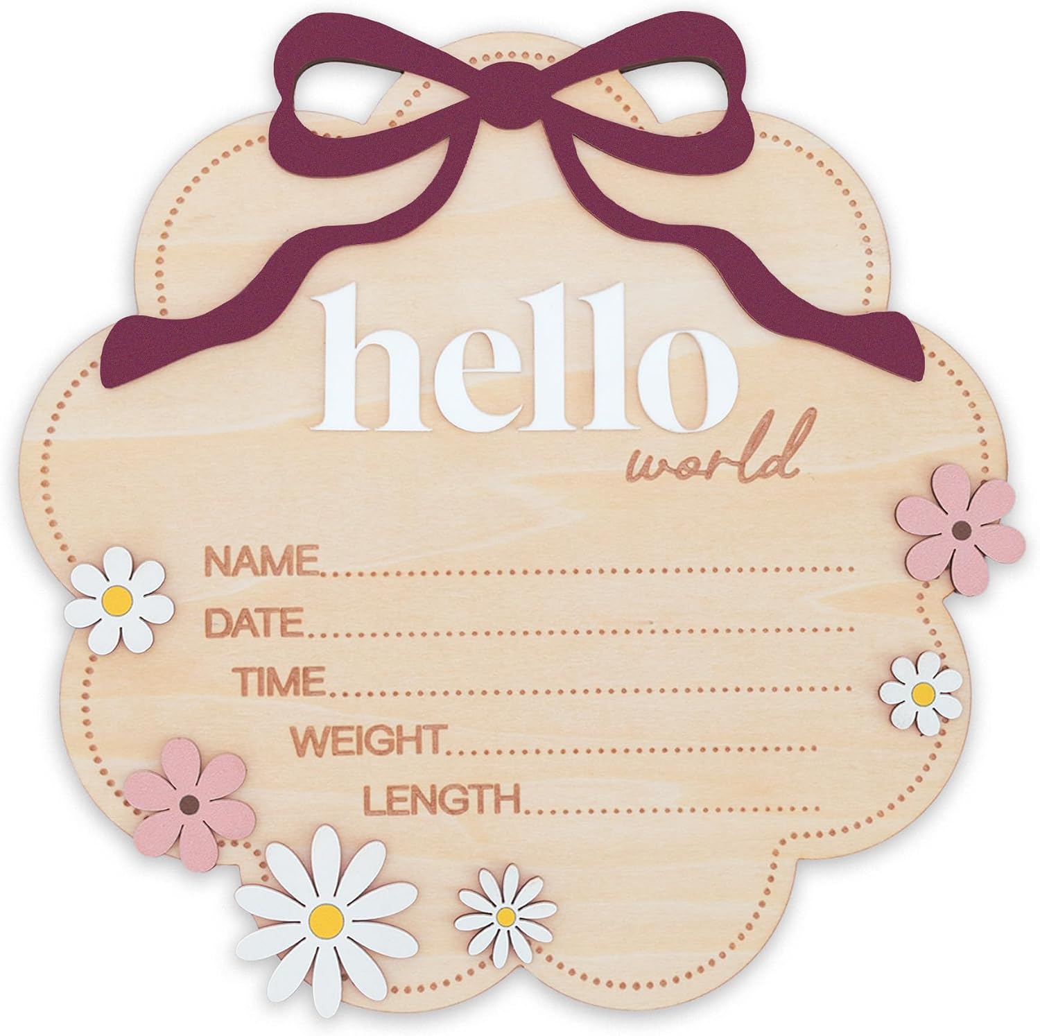Hello World Wooden Baby Birth Announcement Sign with Pink Bow, Cloud Shape Floral Newborn Name Date Time Weight Length Board, Baby Girl Nursery Photo Prop (Berry)