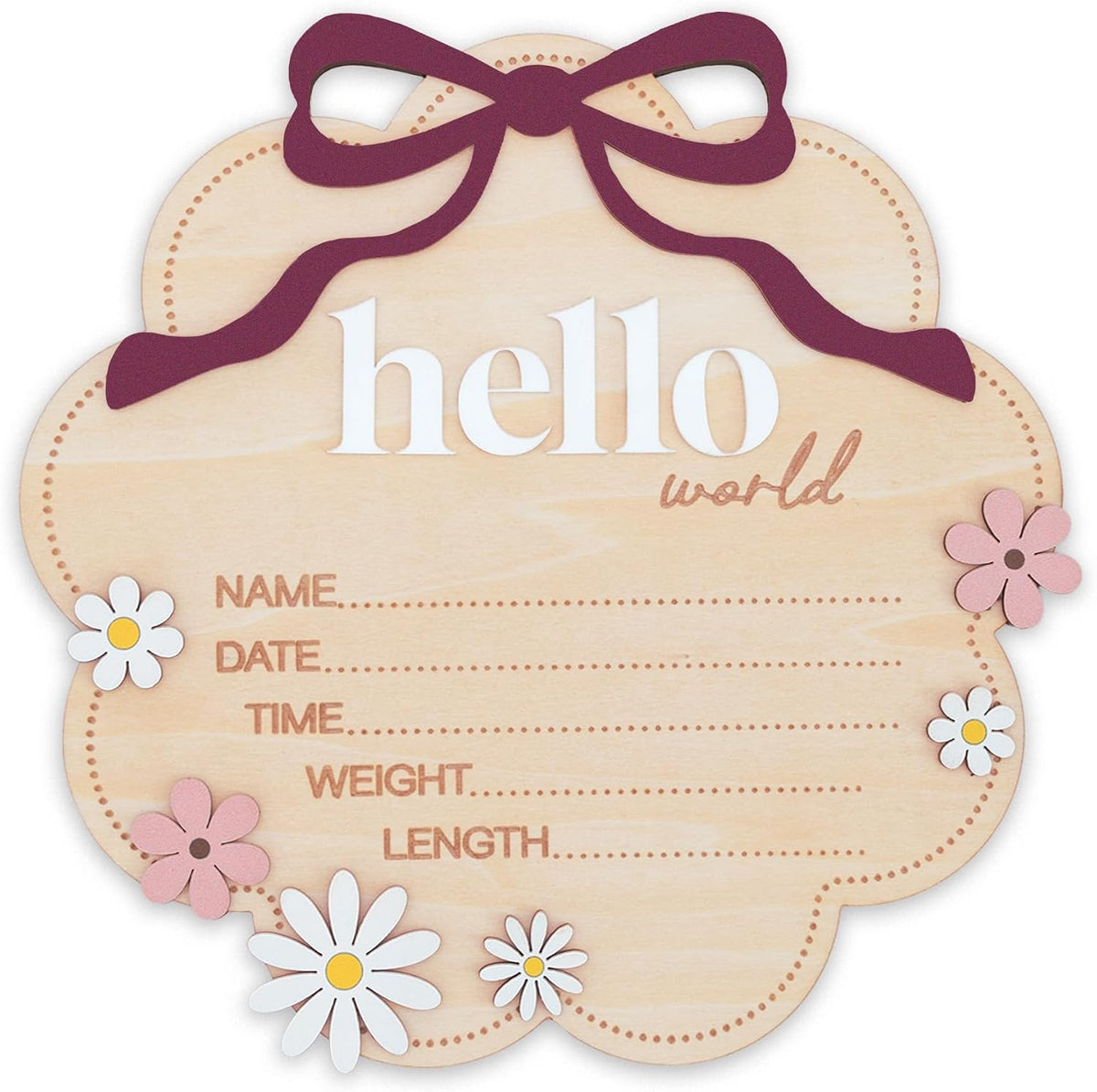 Hello World Wooden Baby Birth Announcement Sign with Pink Bow, Cloud Shape Floral Newborn Name Date Time Weight Length Board, Baby Girl Nursery Photo Prop (Berry)