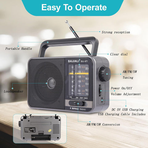 Portable AM/FM Transistor Radio with Loud Speaker, Battery or USB Powered