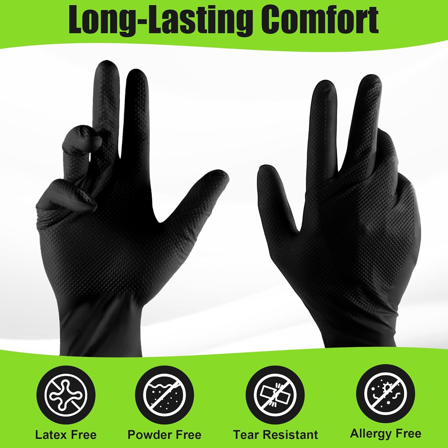 TREEGO 10 Mil Heavy Duty Black Nitrile Mechanic Gloves, 50 Count L