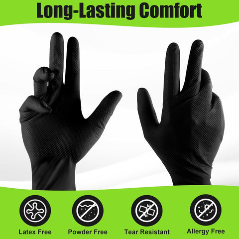 TREEGO 10 Mil Heavy Duty Black Nitrile Mechanic Gloves, 50 Count L