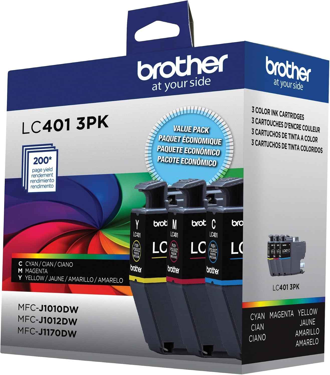 Brother Genuine LC401 Standard Yield 3-Pack Ink Cartridges â€“ Includes 1 Cartridge Each of Cyan, Magenta and Yellow , 3 Count (Pack of 1)