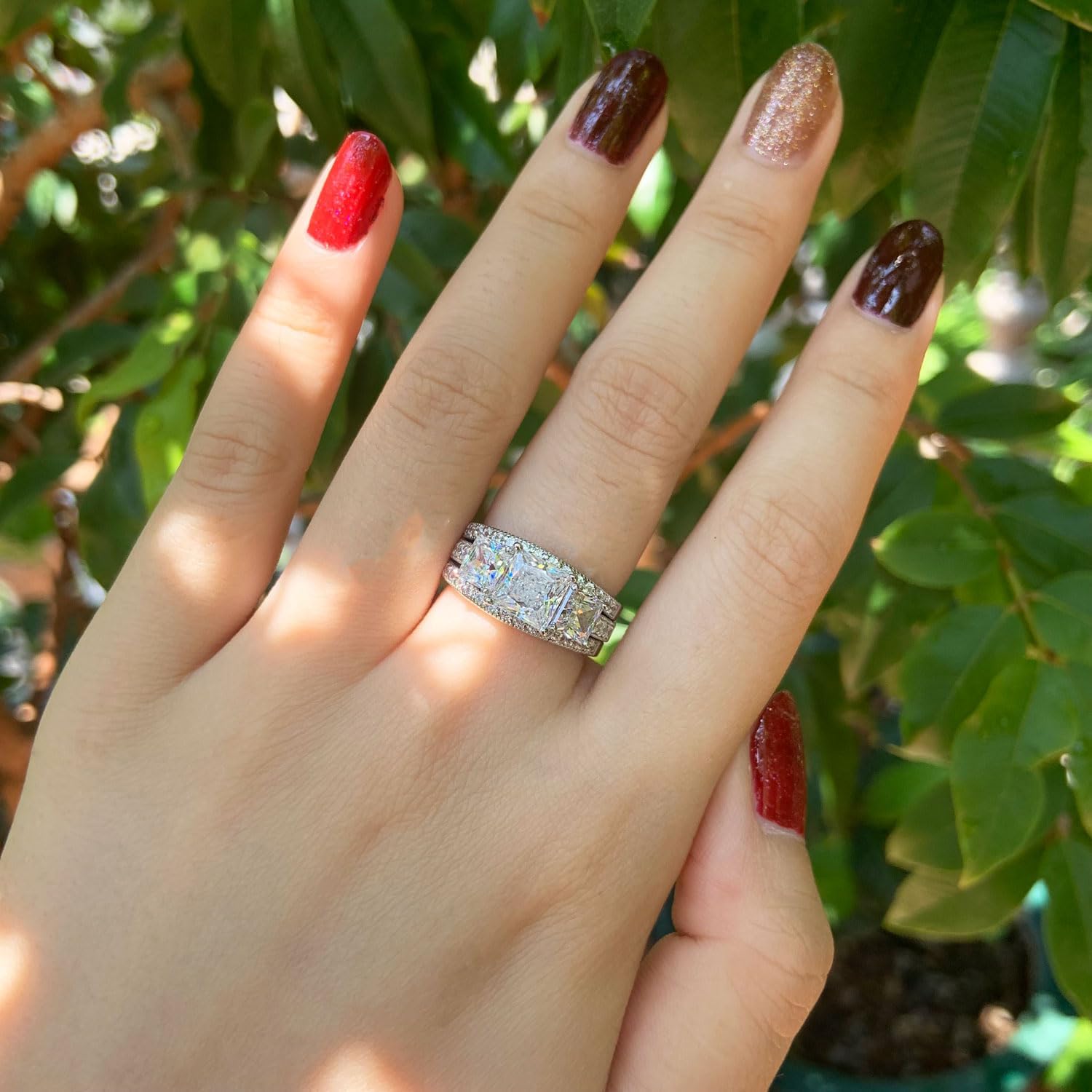 SHELOVES 925 Sterling Silver Three-Stone Princess CZ Wedding Rings Set