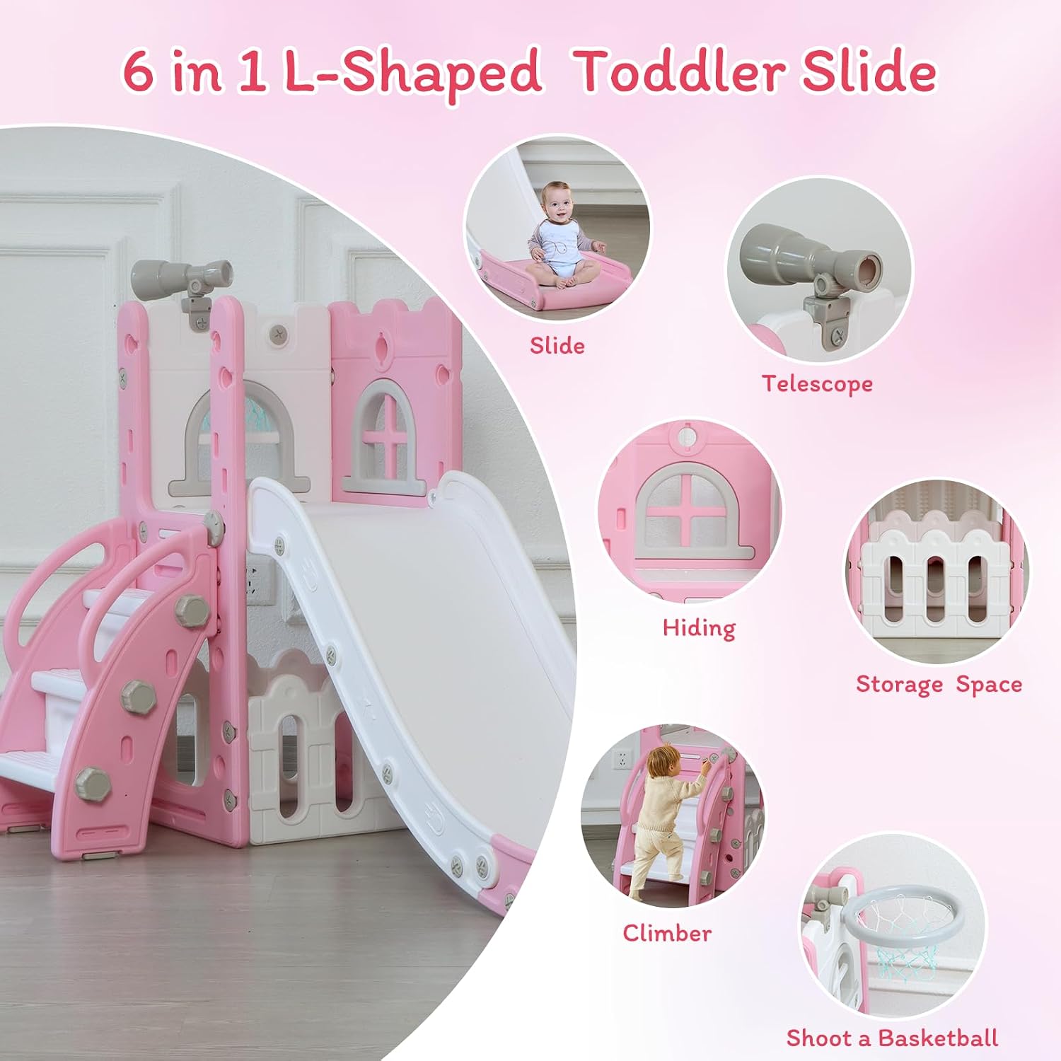 LulliSpace 6 in 1 Toddler Slide,Kids Climber Slider for Indoor Outdoor Playground with Basketball Hoop,Storage and Telescope,L Shaped Slide for Toddler Climber Playset