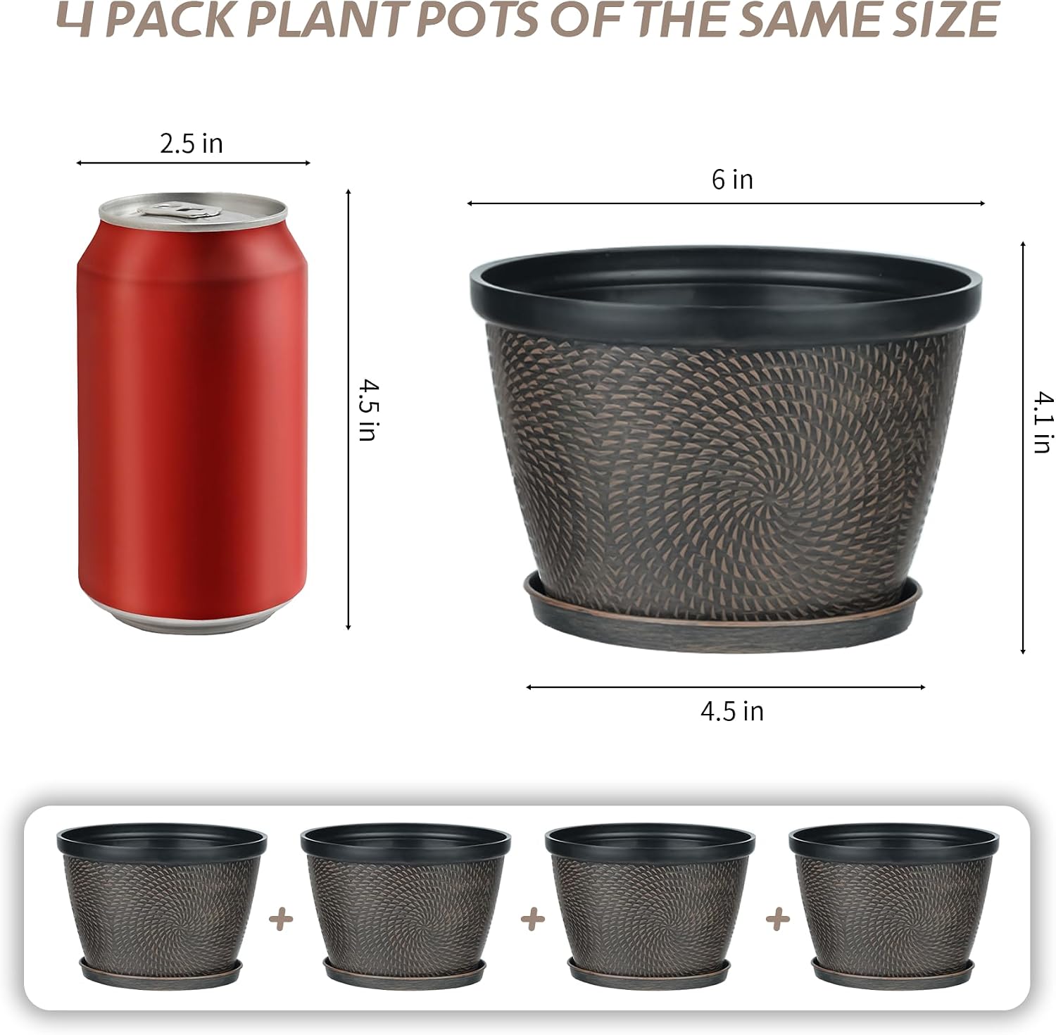 Quarut 4 Pack 6 Inch Flower Pots for Outdoor Indoor, Plastic Plant Pots with Drainage Hole & Saucer, Lightweight Small Flower Pot, Circle Pattern Planters for Garden House planters（Brown）
