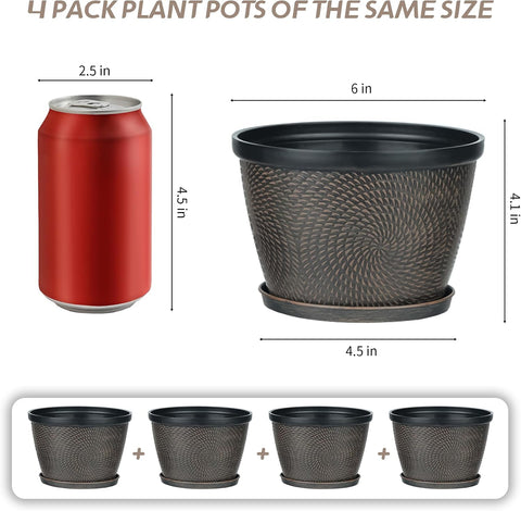 Quarut 4 Pack 6 Inch Flower Pots for Outdoor Indoor, Plastic Plant Pots with Drainage Hole & Saucer, Lightweight Small Flower Pot, Circle Pattern Planters for Garden House planters（Brown）