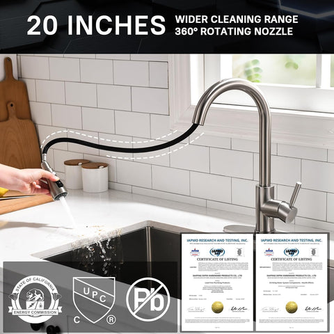 WEWE High-Arc Pull-Down Kitchen Faucet, Brushed Nickel, 3-Mode Sprayer
