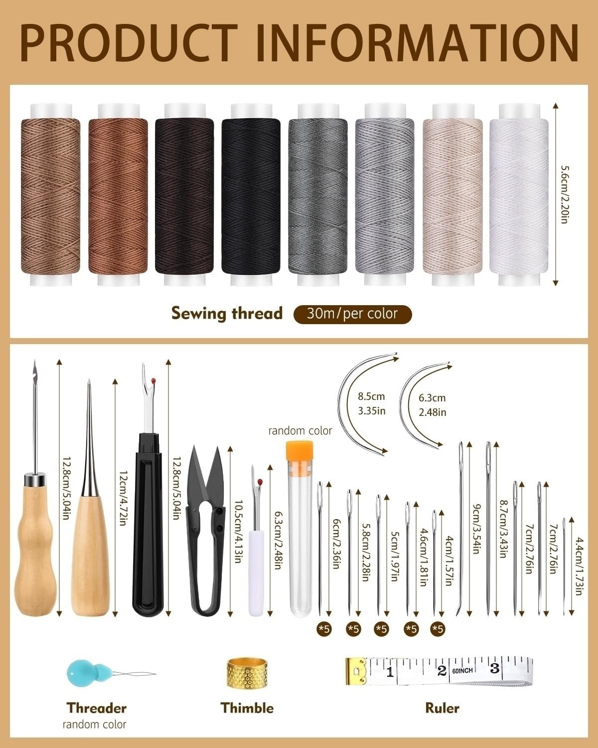 BAGERLA Upholstery Repair Kit, 50 Pcs Heavy Duty Sewing Kit with 8 Colors Thread 32 Pcs Upholstery Needles, Sewing Awls for Hand Stitching Car Sofa Shoe Backpack Craft DIY