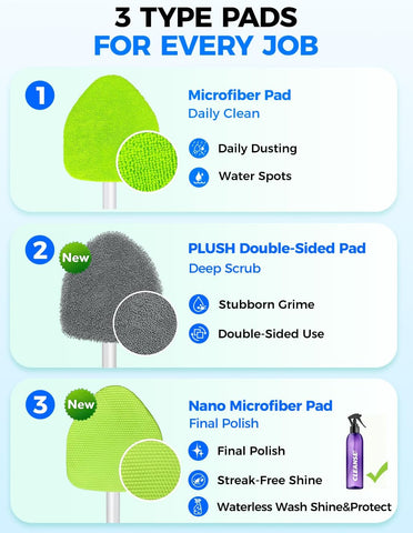 XINDELL Interior Windshield Cleaner Tool – Car Interior Window Cleaning Kit with Extendable Handle & 4 Microfiber Pads, Auto Wiper Inside Compact Windshield Brush for Car & Home Windows