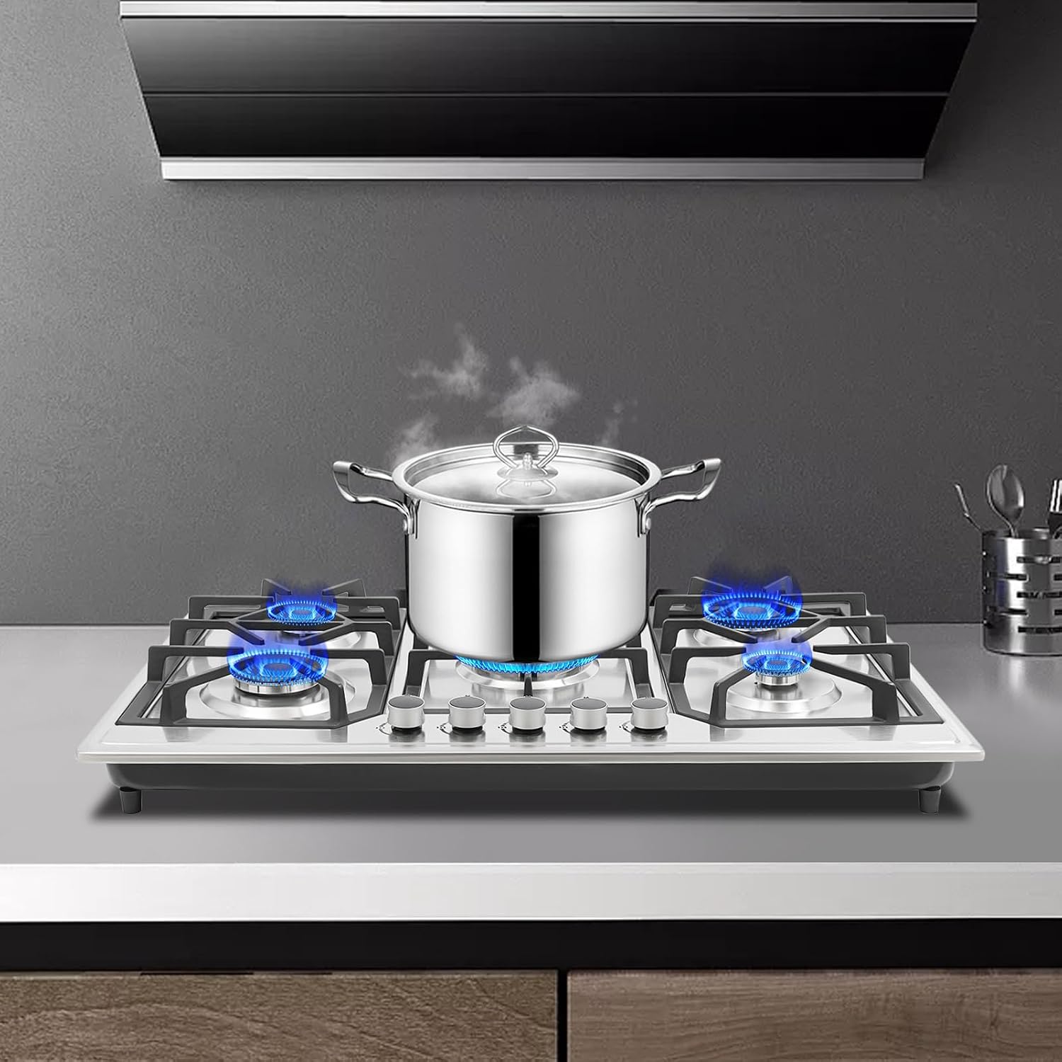 5 Burners Gas Cooktop, 34 Inch Built-in Gas Stove Top Stainless Steel LPG/NG Convertible Gas Hob with Flameout Protection for Camping, RV, Apartment