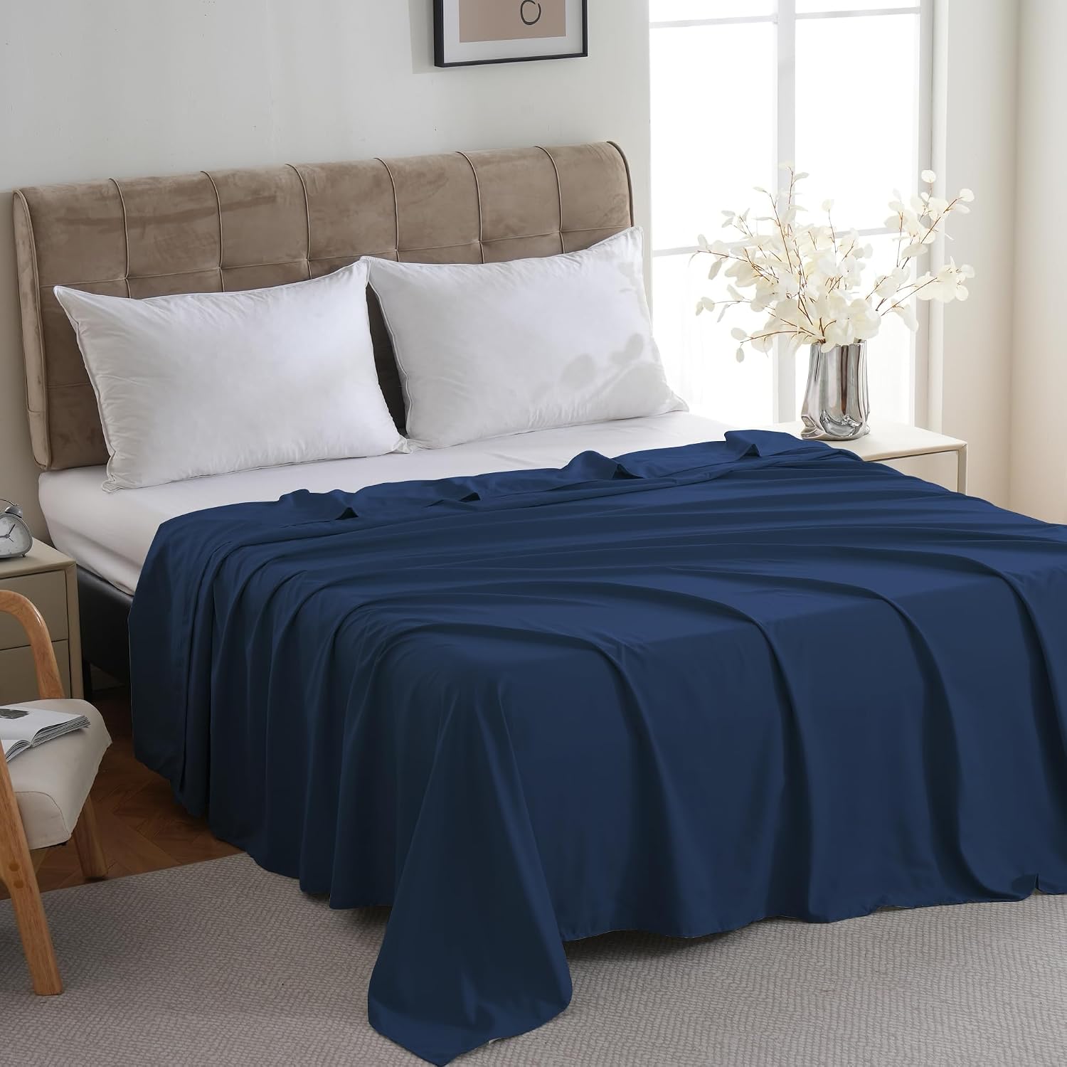 ZPECC King Flat Sheets Only Navy 1 Pack, Color-Coded Hem Threads