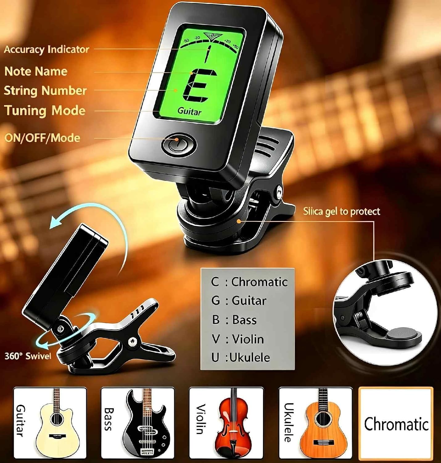 Guitar Tuner Clip On Ukulele Tuners for All Instruments Guitar Bass Ukulele Violin banjo (Tuner 1 Pack)