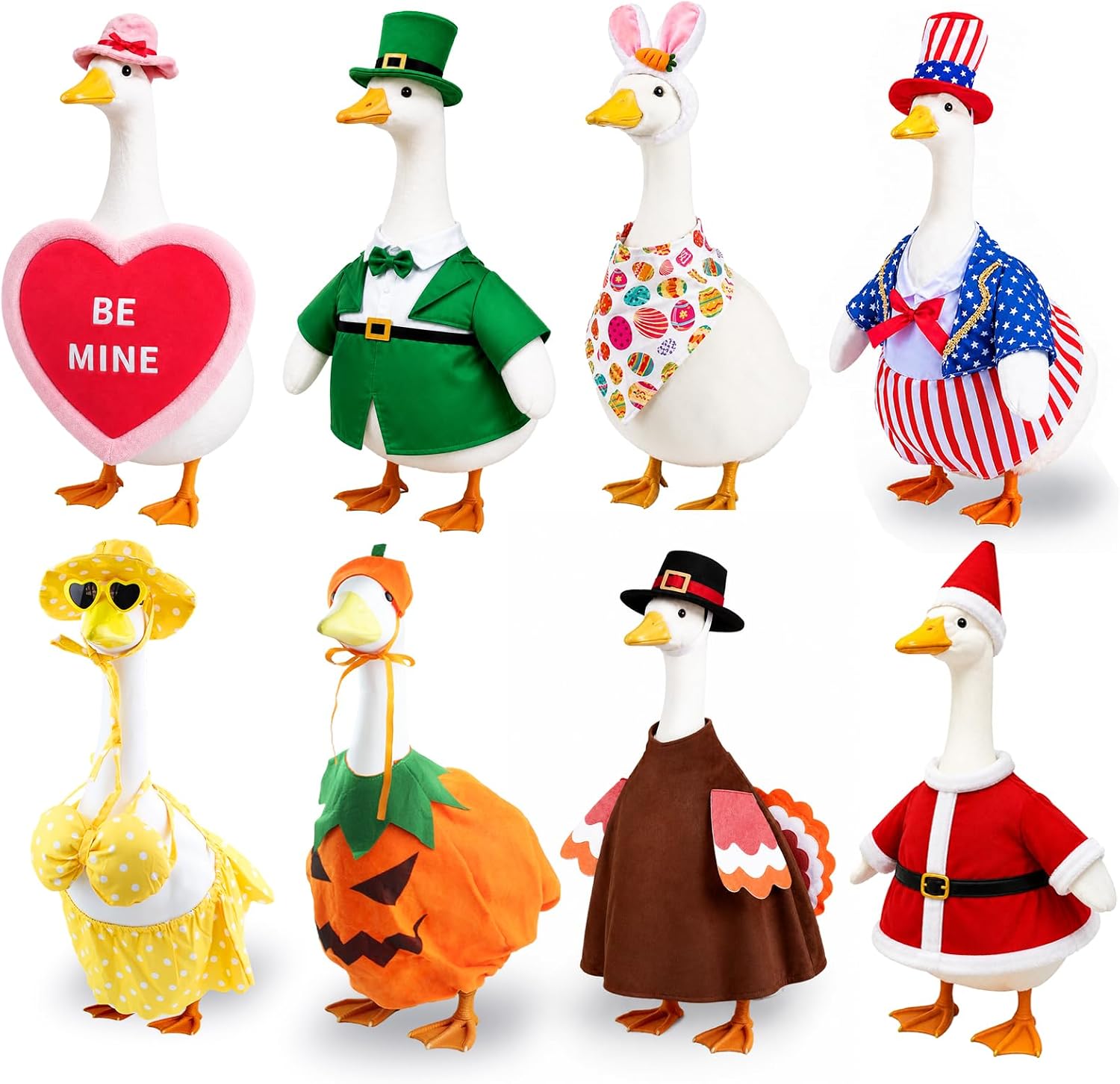 8 Set Holiday Porch Goose Outfits All Seasons Bundle for Valentine St. Patrick Easter Summer 4th of July Fall Halloween Christmas - Lawn Porch Goose Clothing for Patio Yard Decor