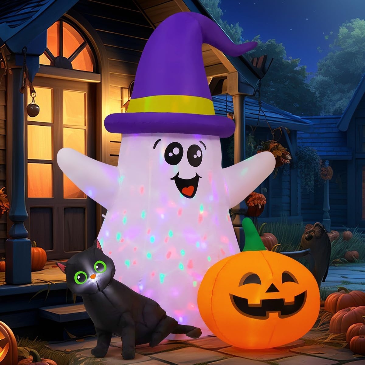 GOOSH 5 FT Halloween Inflatables Ghost Outdoor Decorations Blow Up Yard Cute Wizard Ghost with Black Cat Pumpkin with Built-in LEDs for Garden Lawn Indoor Party Decor