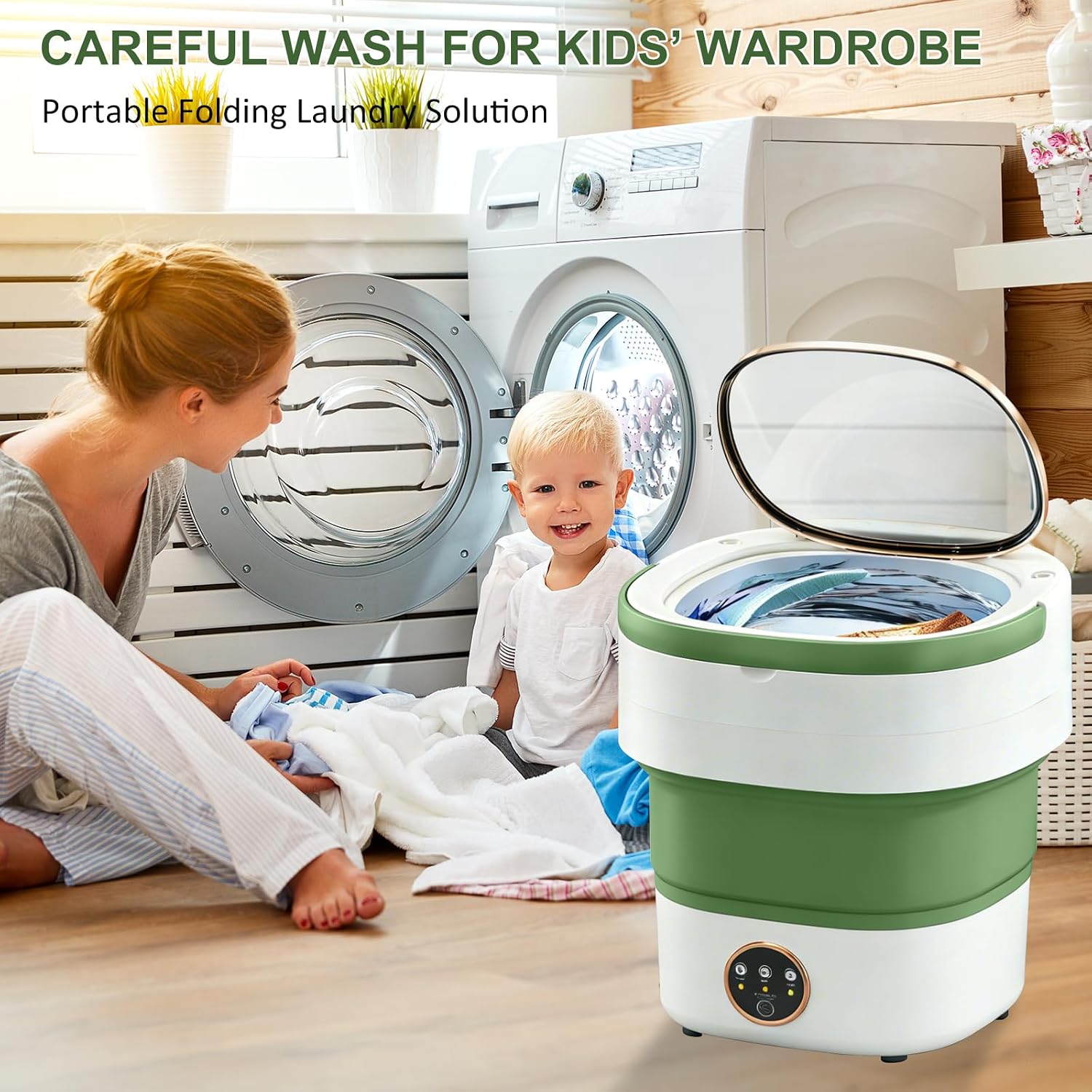 Portable Washing Machine 17L, Small Foldable Washer with Spin Basket, 3 Mode Deep Clean — Mini Laundry Machine for Travel, Dorms, Camping, Ideal for Baby Clothes, Underwear, Socks Green