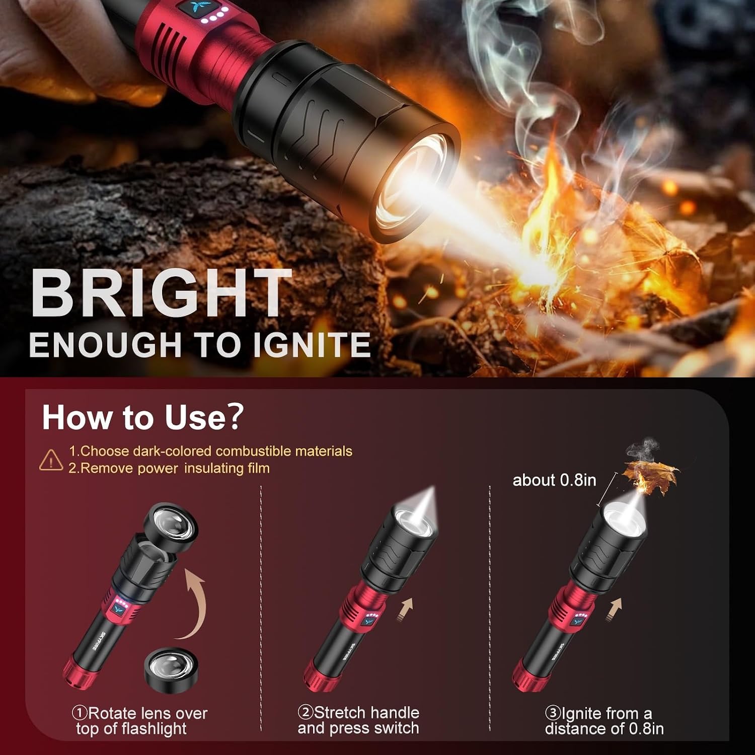 SKYFIRE Bright Flashlight with Ignition Lens&Yellow/Blue Light,3000lm Super Bright Rechargeable Flashlights High Lumens,Zoomable,Waterproof Tactical Flashlight for Camping,Outdoor &Gifts