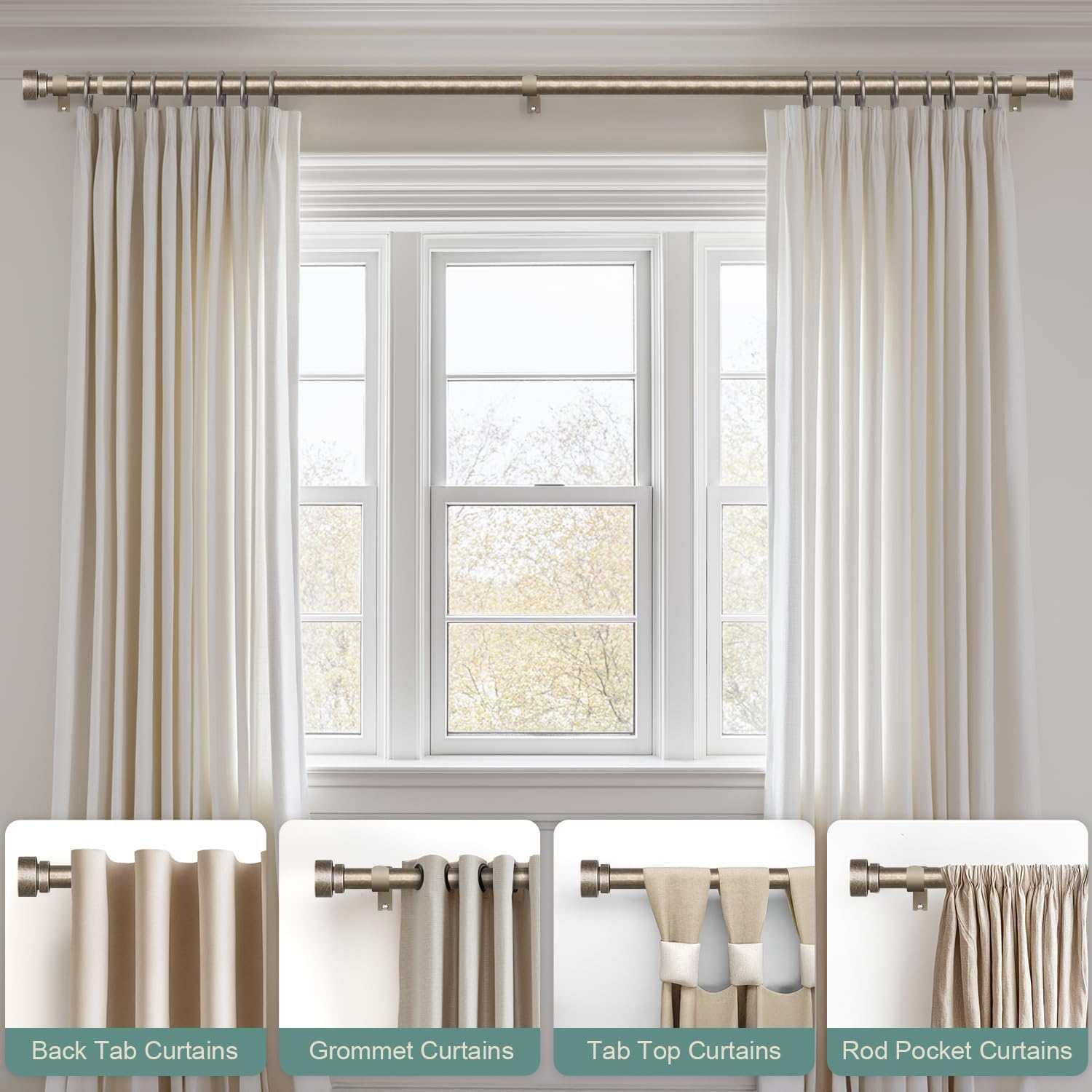 Lootkell Retro Silver Curtain Rods for Windows 28 to 48 Inches Adjustable Length Heavy Duty 1" Diameter Window Curtain Rod with Decorative Finials for Outdoor Bedroom Kitchen Living Room Farmhouse