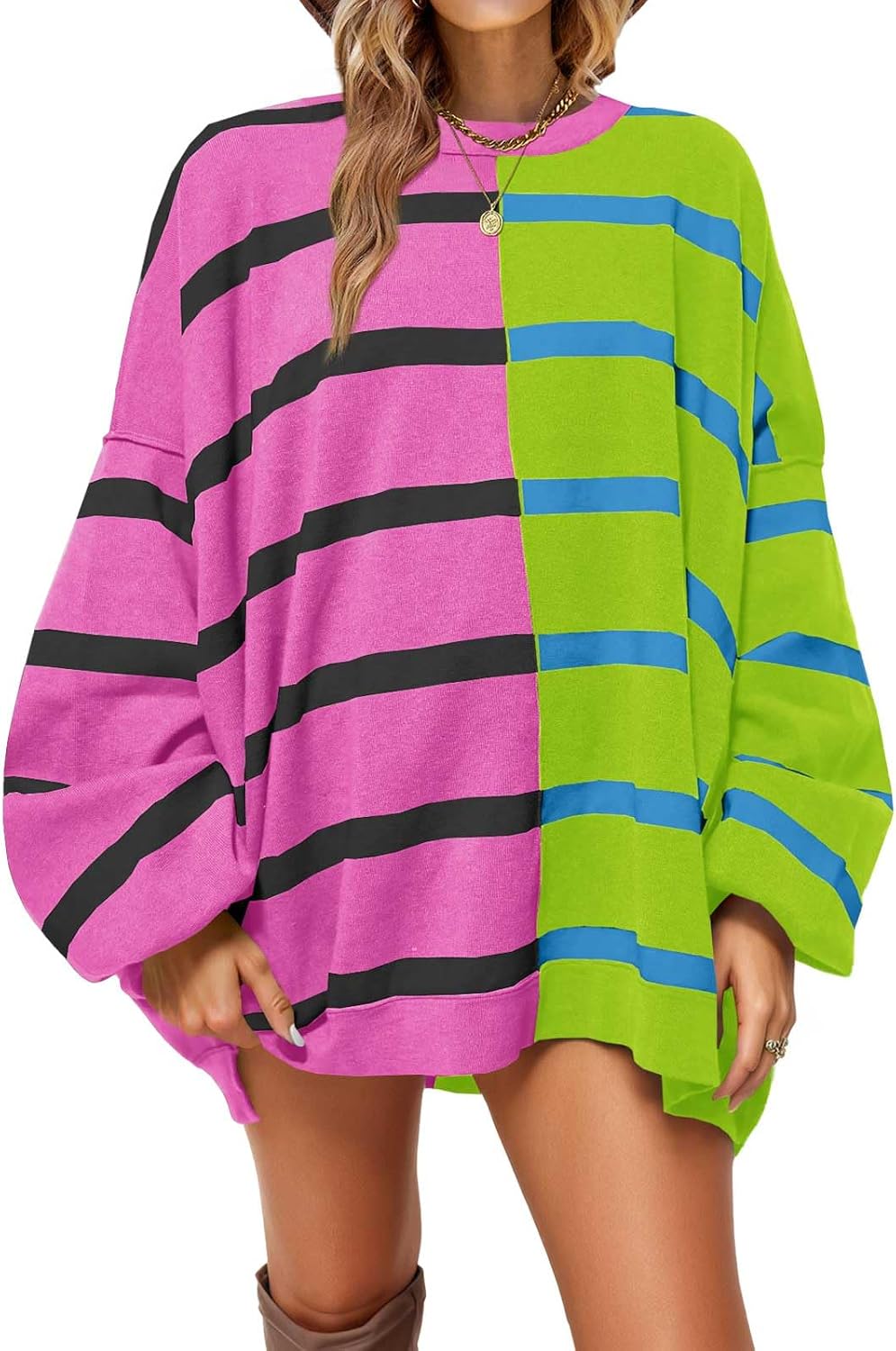 Fisoew Womens Striped Pullover Sweater Crew Neck Long Sleeve Loose Sweaters