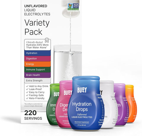 Buoy Functional Electrolyte Drops Variety Pack - Energy, Brain, Digestion & Immunity Support with 87 Trace Minerals - Unflavored Electrolytes - Sugar Free - No Sweeteners - 220 Servings