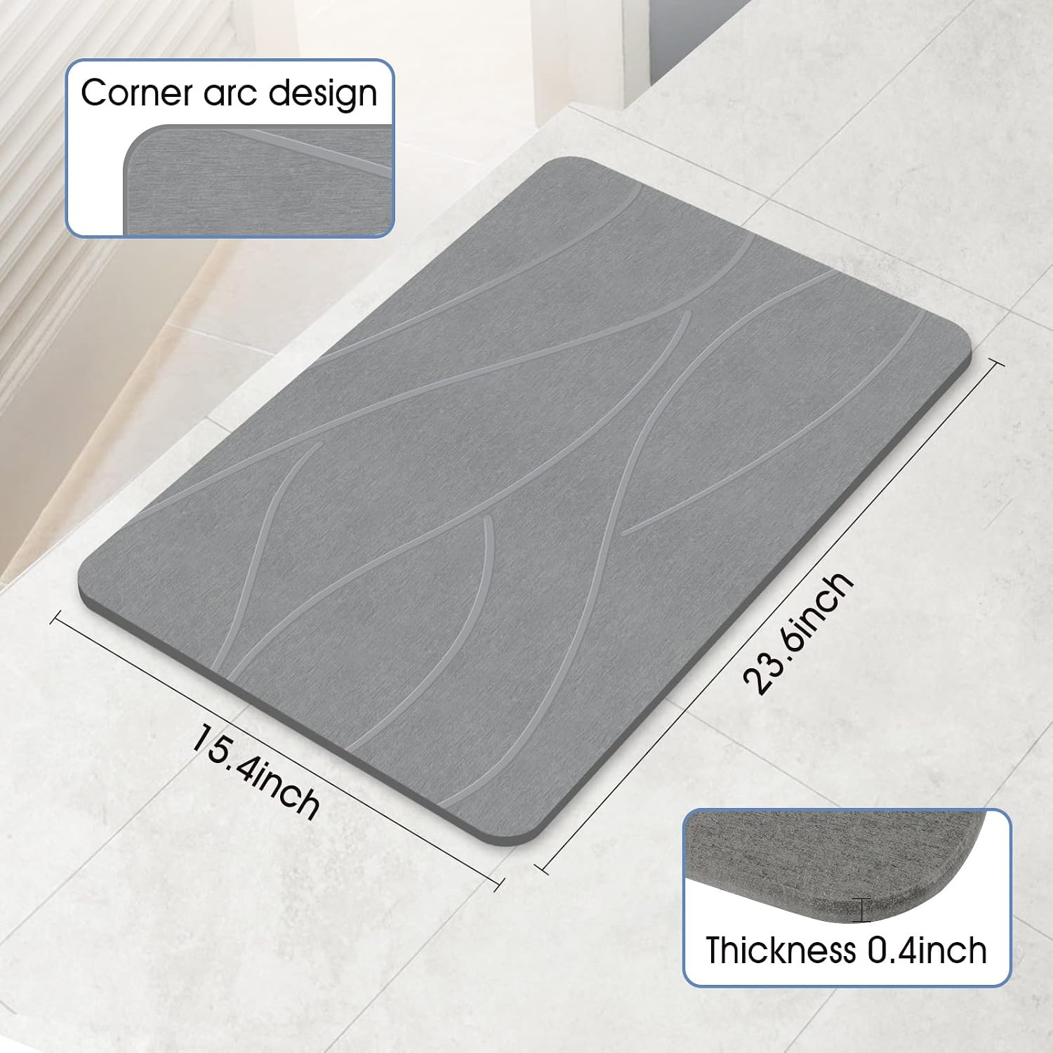 VEELOIM Stone Bath Mat Diatomaceous Earth Shower Mat Non-Slip Super Absorbent Diatomite Stone Bath Mats for Bathroom Floor Quick Drying Natural Easy to Clean(23.6''×15.4" Gray)