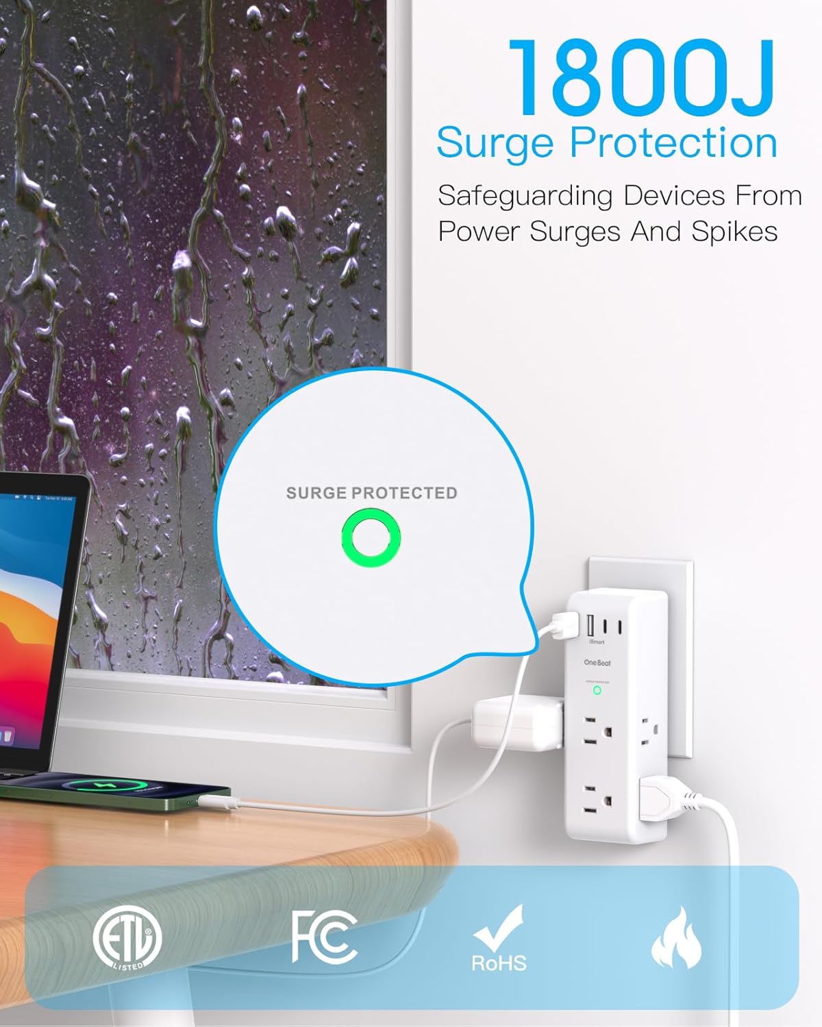 Surge Protector Outlet Extender with Rotating Plug, Multi Plug Wall Outlet