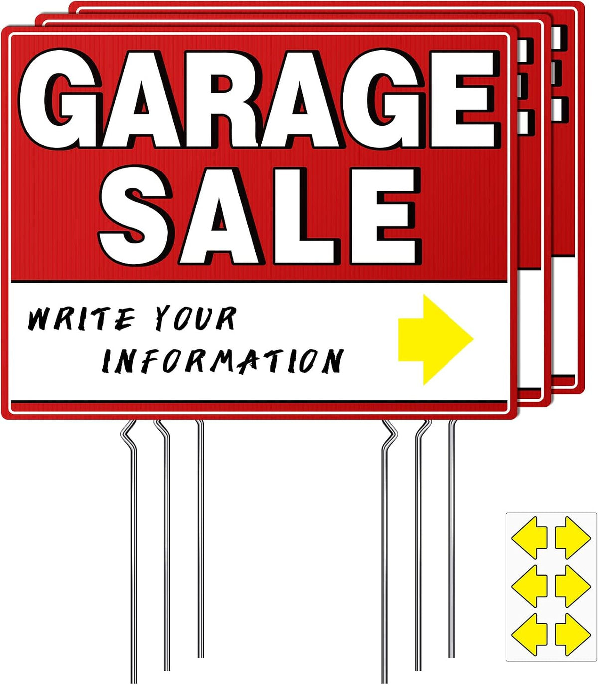 Garage Sale Signs with Stakes, 17" x 13" Double-Sided Yard Sale Sign with Arrow Stickers, Weather-Proof (3 Pack)