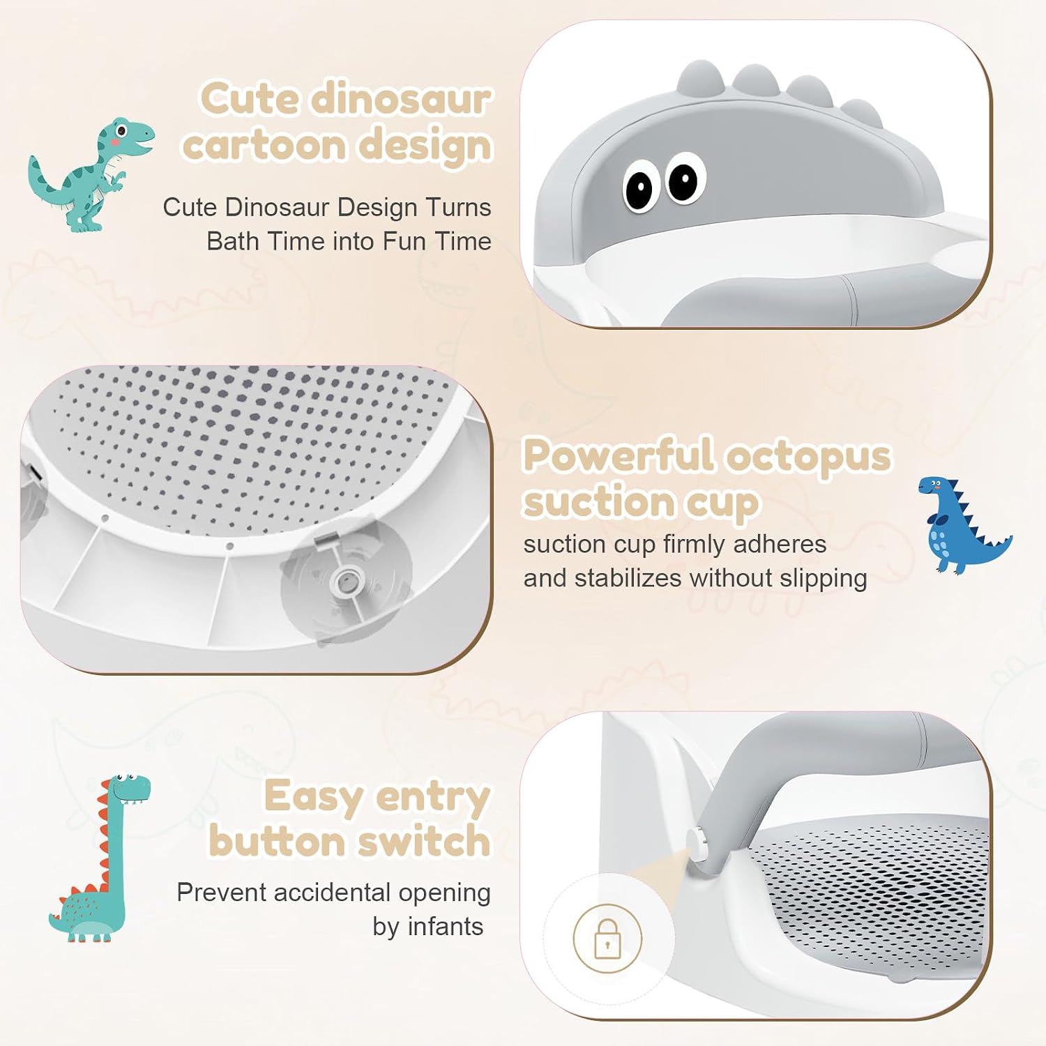 Baby Bath Seat for Babies 6 Months & Up Sitting Up, Non-Slip Baby Bath Chair with Suction Cup, Safe and Comfortable Portable Infant Bath Seat for Bathroom, Bathtub Tub, Easy to Clean (Grey)