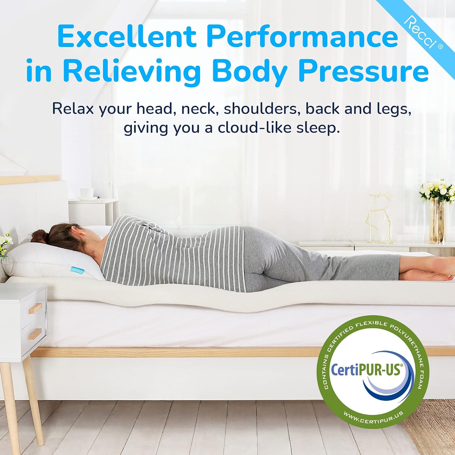 RECCI 2 Inch TwinXL Memory Foam Mattress Topper, College Dorm Pressure-Relieving Mattress Topper for Back Pain, Non-Slip Design with Removable & Washable Cover, CertiPUR-US Certified, TwinXL Size