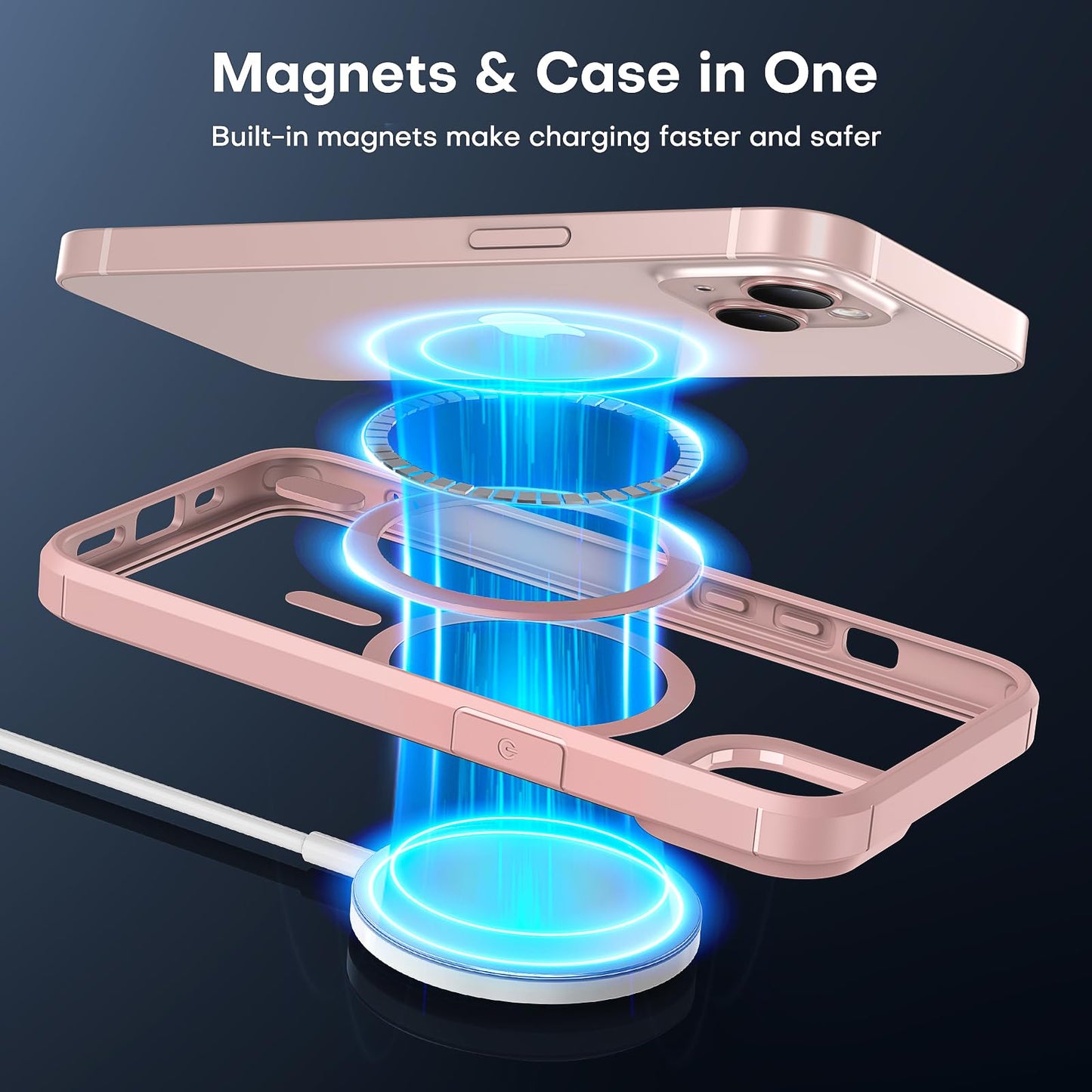 TAURI 5-in-1 Magnetic for iPhone 13 Case for iPhone 14 Case, [Designed with Magsafe] with 2 Screen Protector +2 Camera Lens Protector, Shockproof Case for iPhone 13/14, Pink