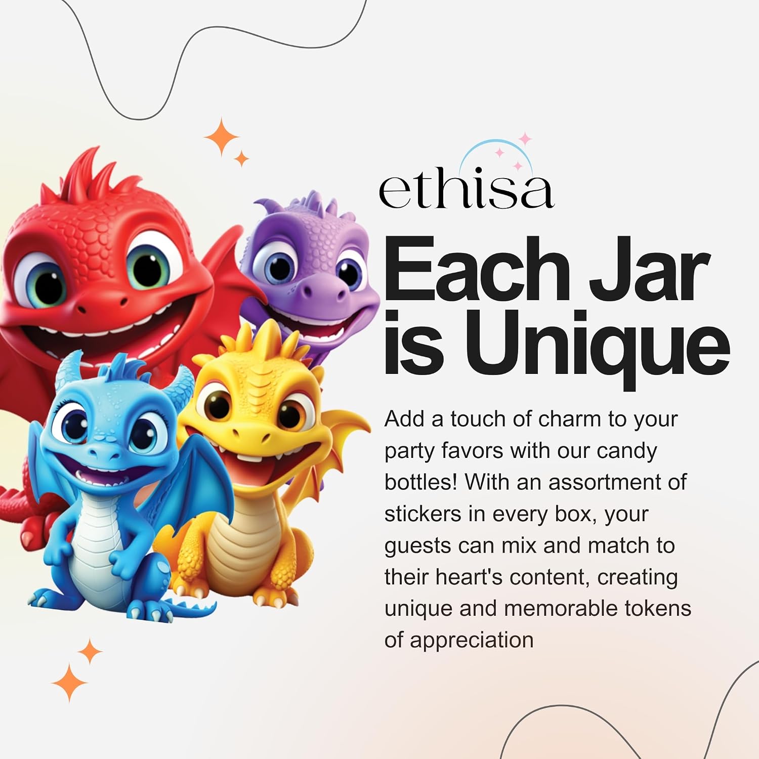 Ethisa Small 12 Pack Baby Dragon Party Favors - Candy Jars with Ribbons and Stickers - DIY Party Decoration Bottle for Birthday and Baby Shower - Egg Container