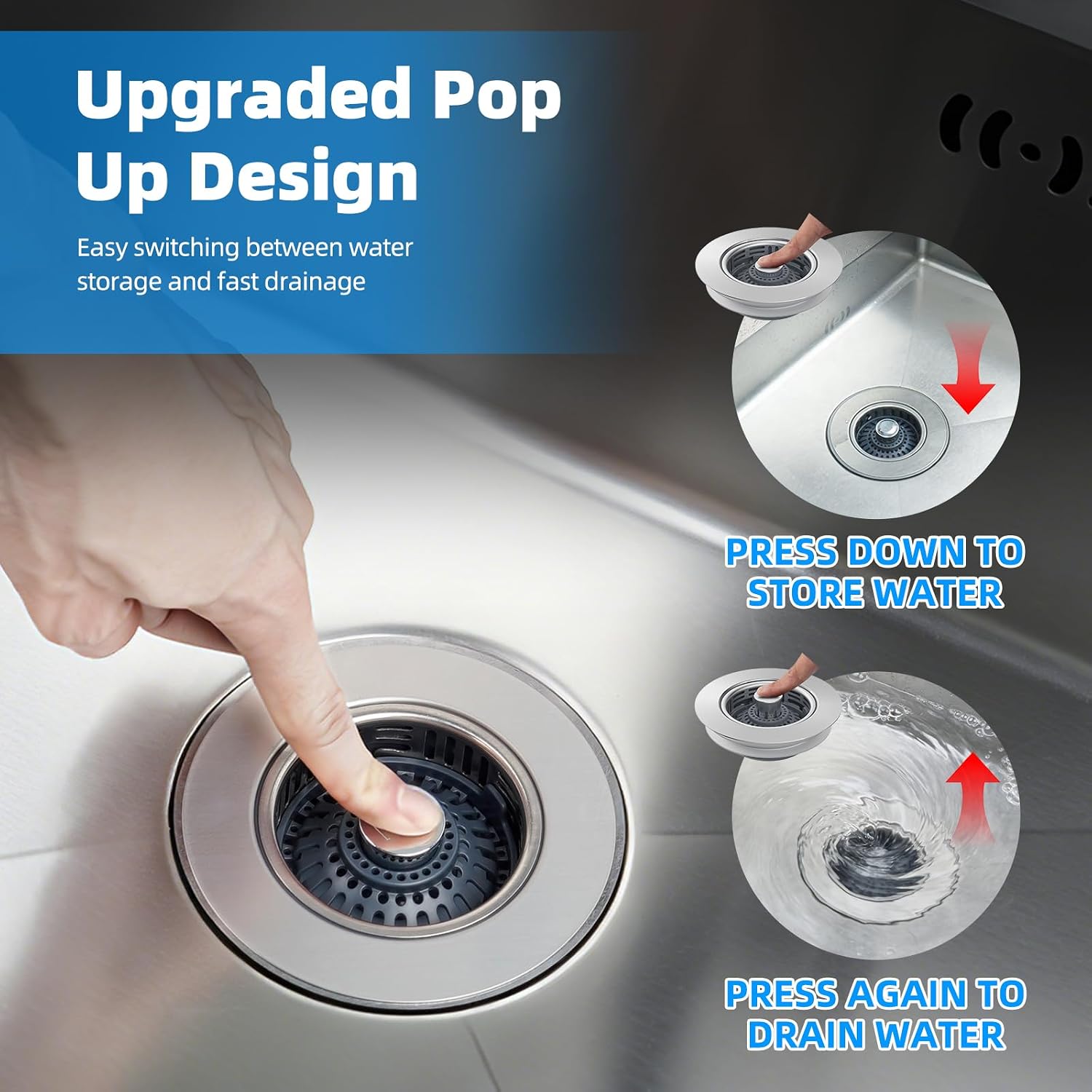 Hibbent 3 in 1 Kitchen Sink Drain Strainer, Metal Pop Up Stopper