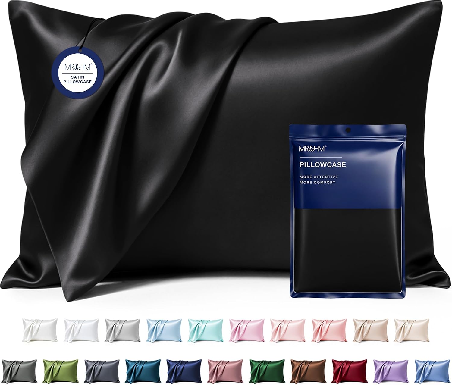 MR&HM Satin Pillowcase 2 Pack, King Size 20"x40", Black