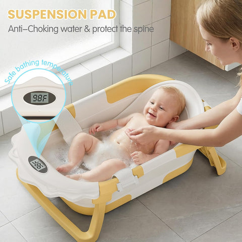 TPN Collapsible Baby Bathtub for Infants to Toddler with Real-time Temp Monitor+Floating Cushion 1 (Yellow, Little Lion)