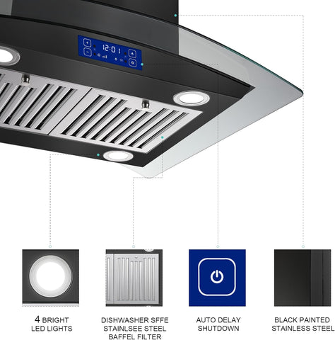 JOEAONZ 30 Inch Island Range Hood Black 700CFM, Gesture & Touch Panel Ceiling Mount Vent Hood, Stainless Steel Kitchen Exhaust Fan Convertible, Tempered Glass, LED lights, Permanent Baffle Filters
