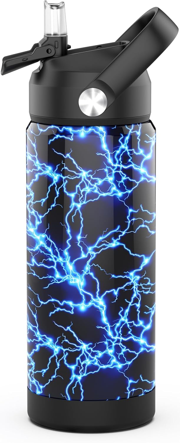 Boys Water Bottle with Straw,18 oz Kids Insulated Cups with Stainless Steel Leak Proof for School,Sport&Travel（Lightning）