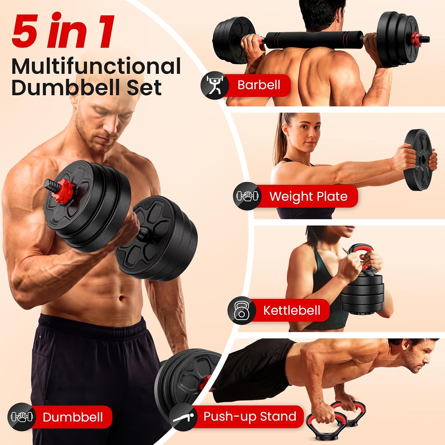 Adjustable Dumbbell Set, 20/33/45/70/90lbs Free Weight Set with Connector, 5-in-1 Dumbbell Set for Barbells, Kettlebells, Push up Stand, Weight Plate, Home Gym Suitable Men/Women