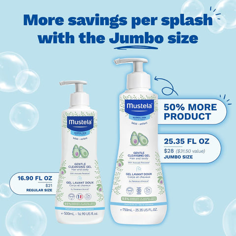 Mustela Gentle Cleansing Gel - Baby Wash for Delicate Skin and Hair - Newborn-Safe Cleanser - Made with with Natural Avocado Perseose - 1 or 2-Pack - Various Sizes